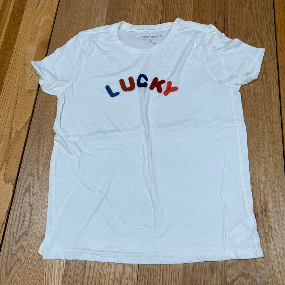Lucky Brand Womens White Chenille Embroidered Lucky Graphic T-Shirt Size M